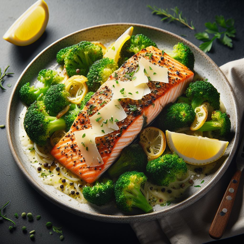 Salmão Assado com Brócolis e Parmesão